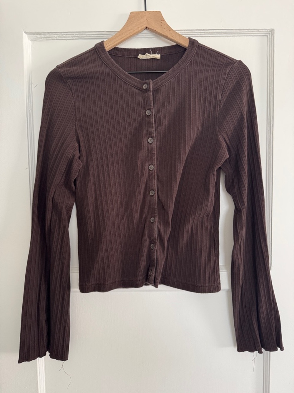 Madewell Brown Ribbed Flared Button-Front Long Sleeve Top